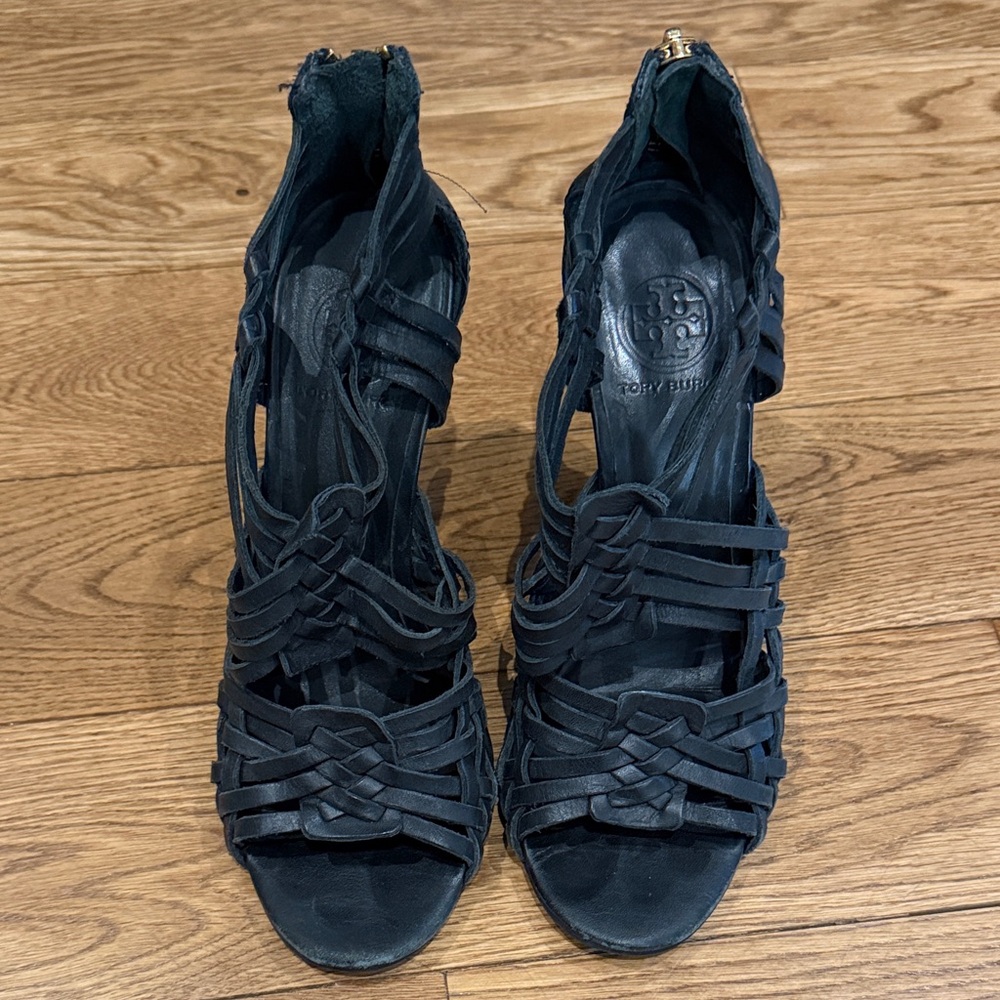 Tory Burch Black Strappy Woven Wedge Sandals